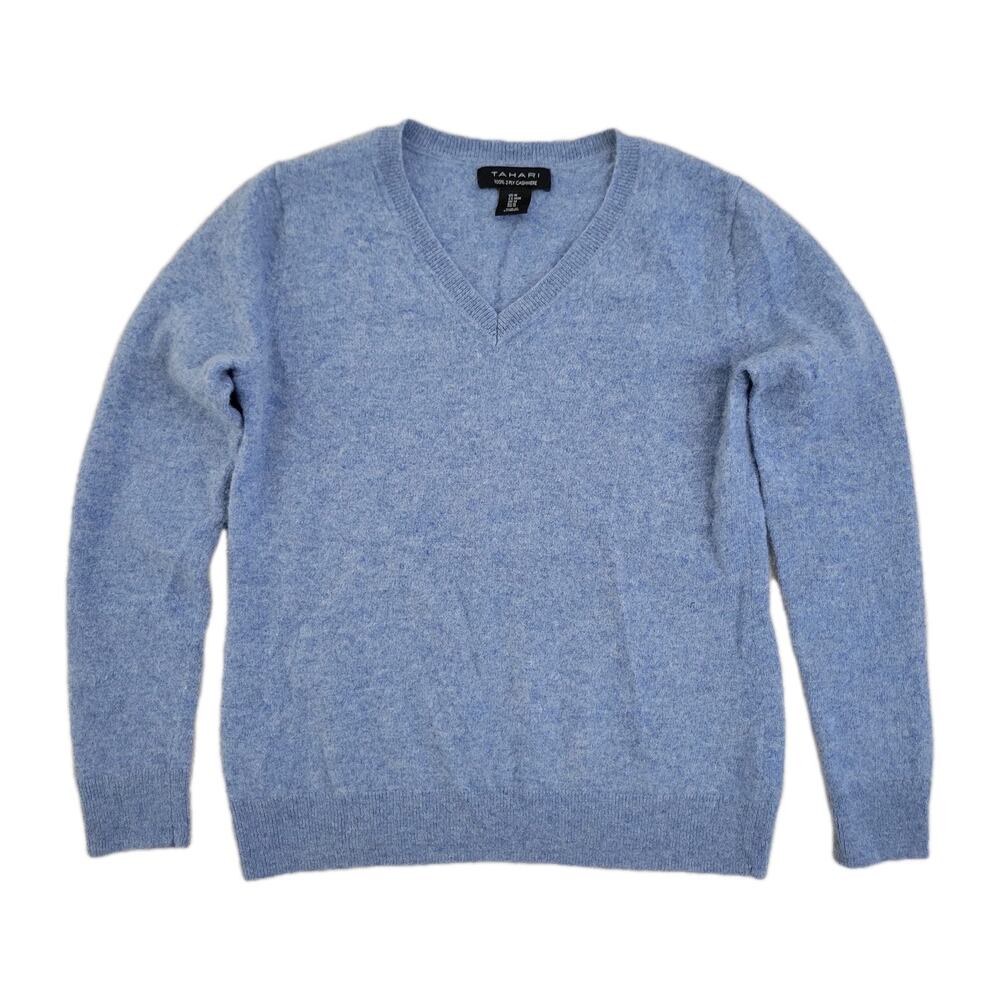 TAHARI Luxury 100% 2-Ply Cashmere Blue V-Neckline Light Sweater Size Medium